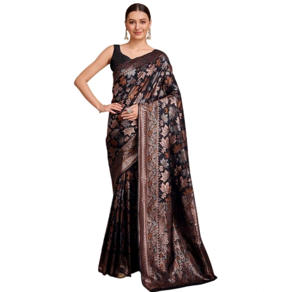 Snuggle Spot Women's Soft Silk Jacquard Saree With Unstitched Blouse 5.5Mtr (Black)