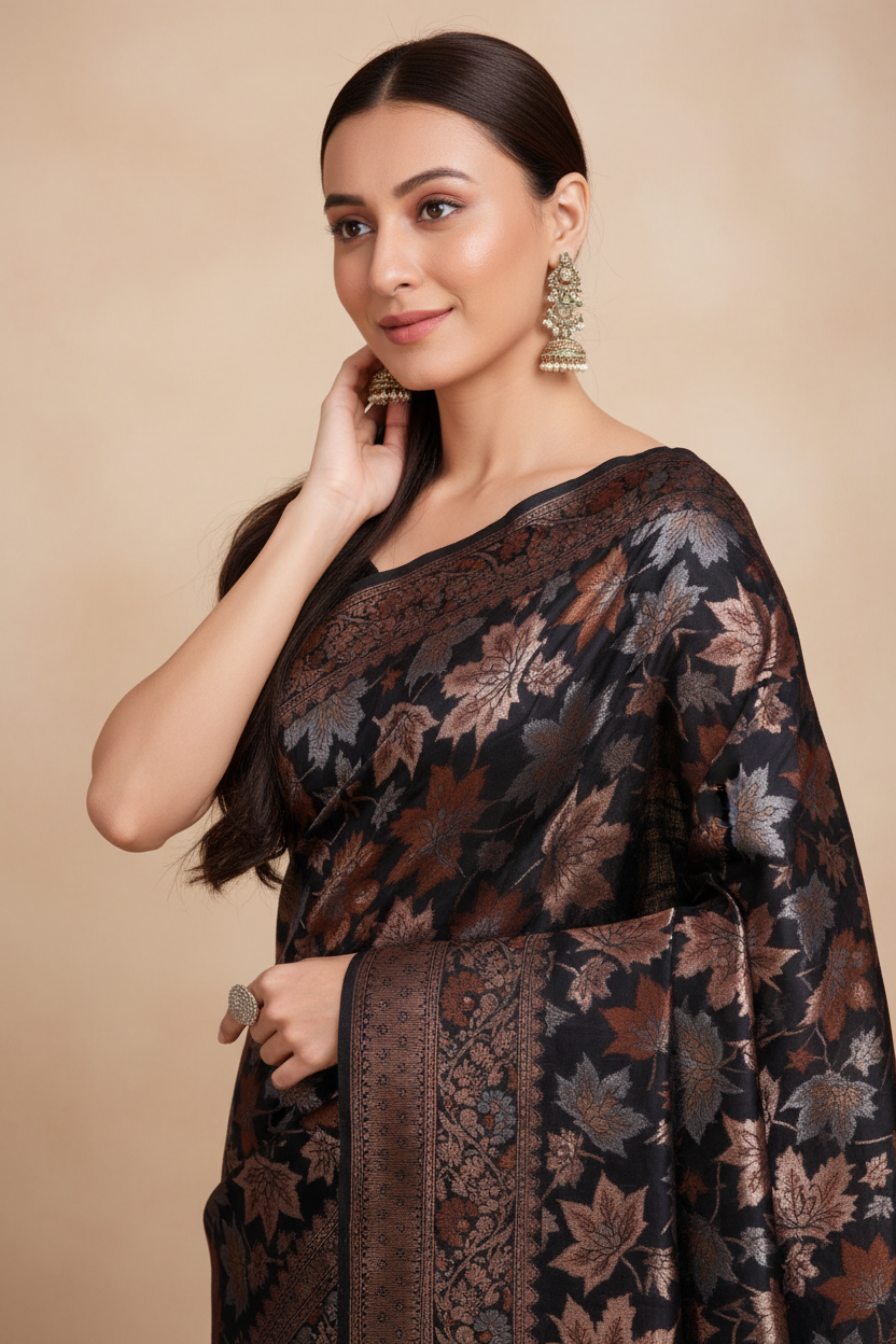 Snuggle Spot Women's Soft Silk Jacquard Saree With Unstitched Blouse 5.5Mtr (Black)