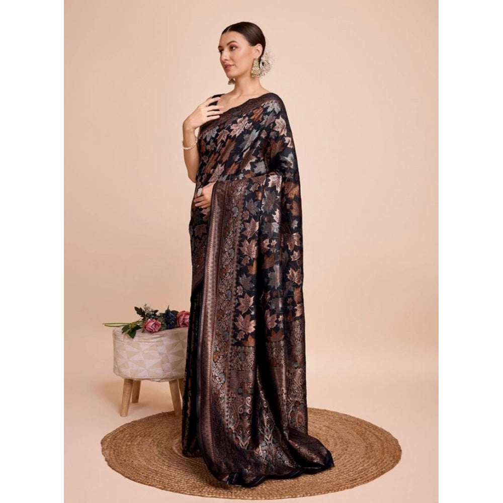 Snuggle Spot Women's Soft Silk Jacquard Saree With Unstitched Blouse 5.5Mtr (Black)