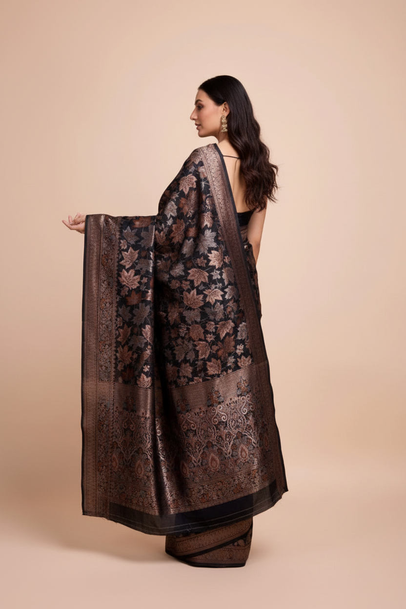 Snuggle Spot Women's Soft Silk Jacquard Saree With Unstitched Blouse 5.5Mtr (Black)
