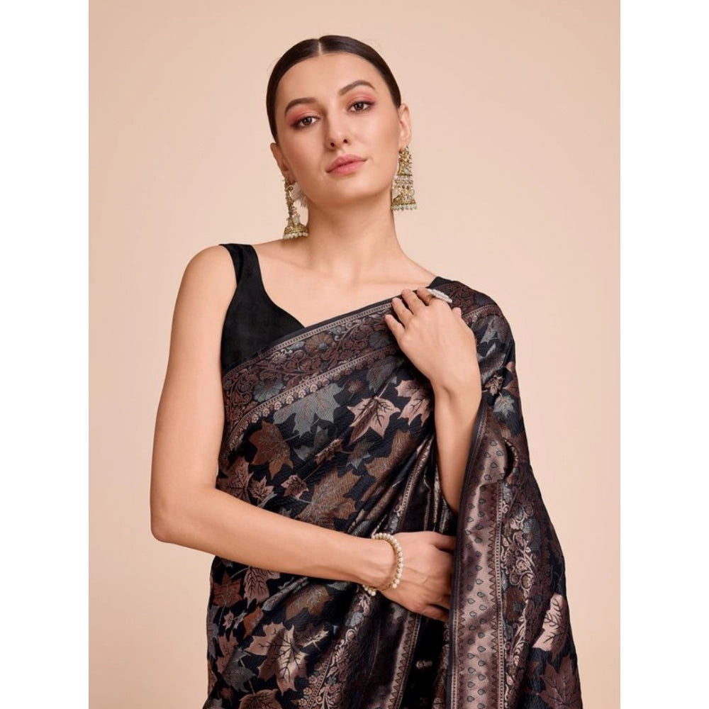Snuggle Spot Women's Soft Silk Jacquard Saree With Unstitched Blouse 5.5Mtr (Black)