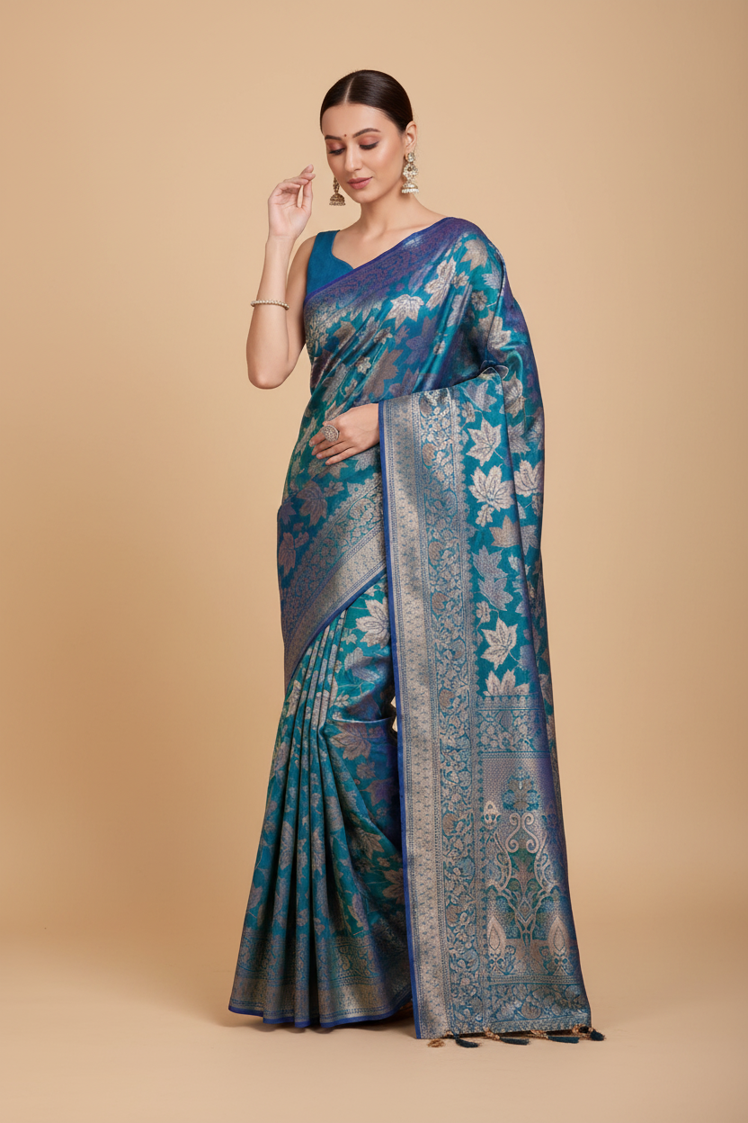 Snuggle Spot Women's Soft Silk Jacquard Saree With Unstitched Blouse 5.5Mtr (Blue)