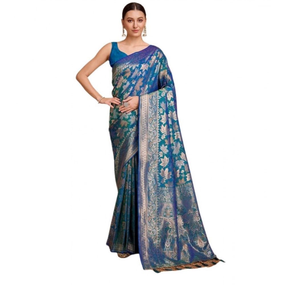 Snuggle Spot Women's Soft Silk Jacquard Saree With Unstitched Blouse 5.5Mtr (Blue)