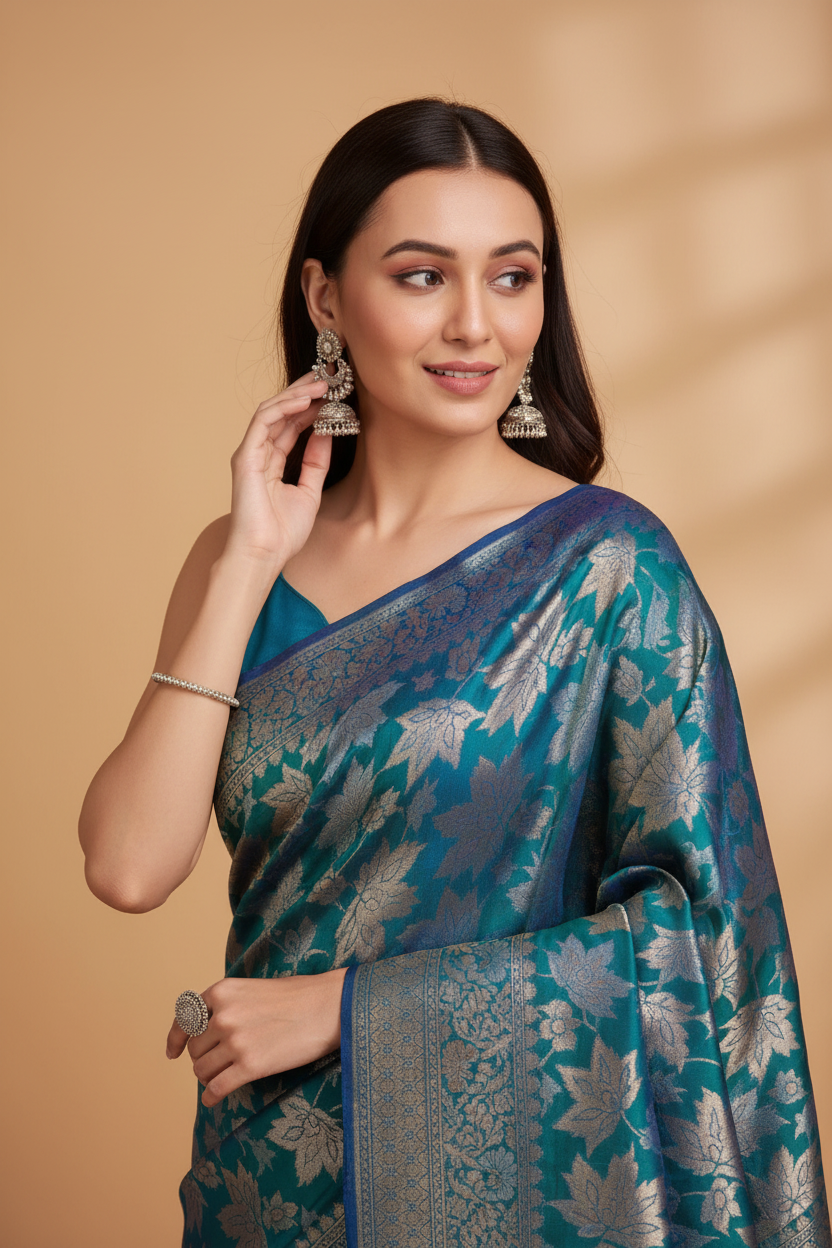 Snuggle Spot Women's Soft Silk Jacquard Saree With Unstitched Blouse 5.5Mtr (Blue)