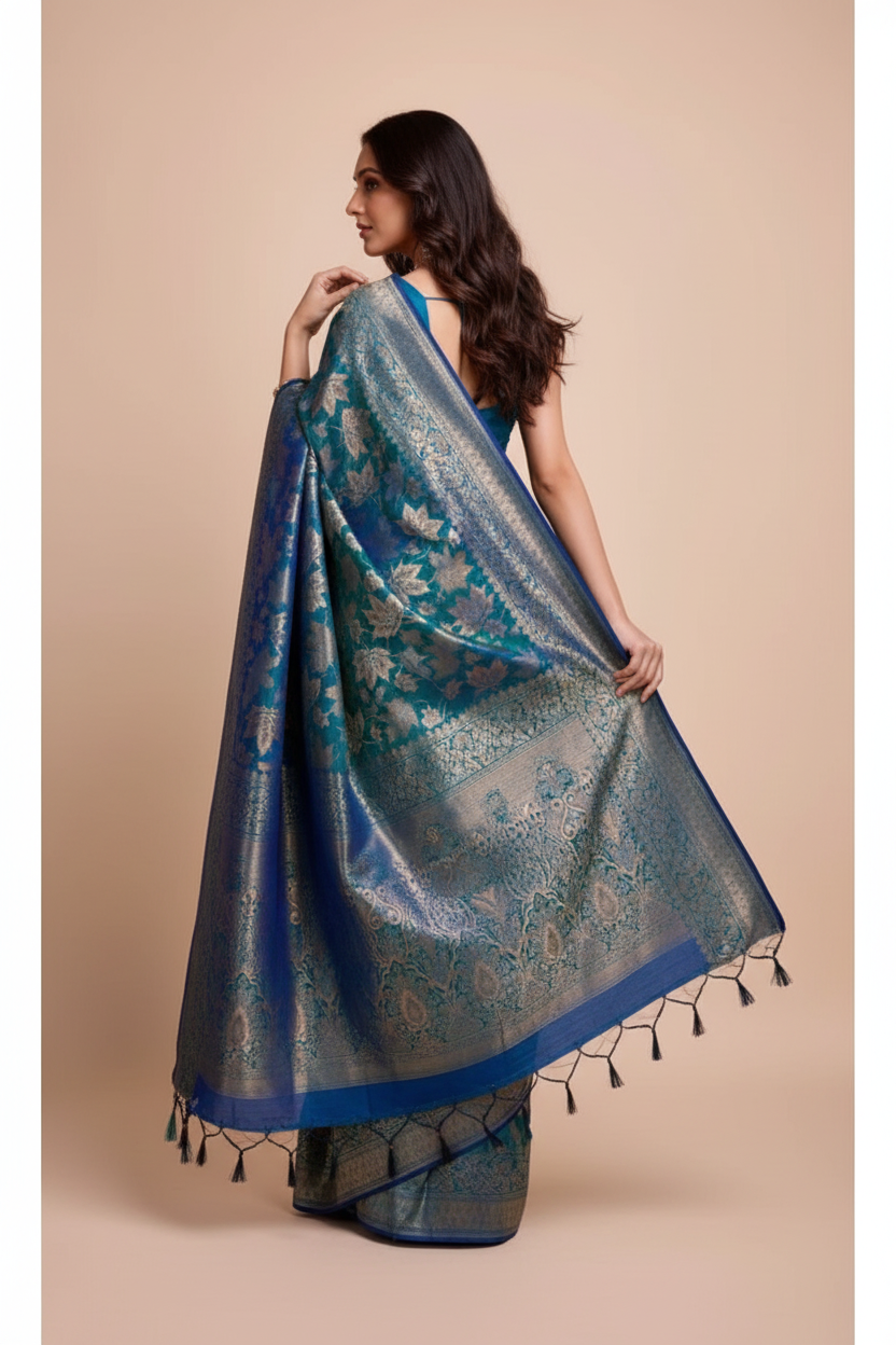 Snuggle Spot Women's Soft Silk Jacquard Saree With Unstitched Blouse 5.5Mtr (Blue)