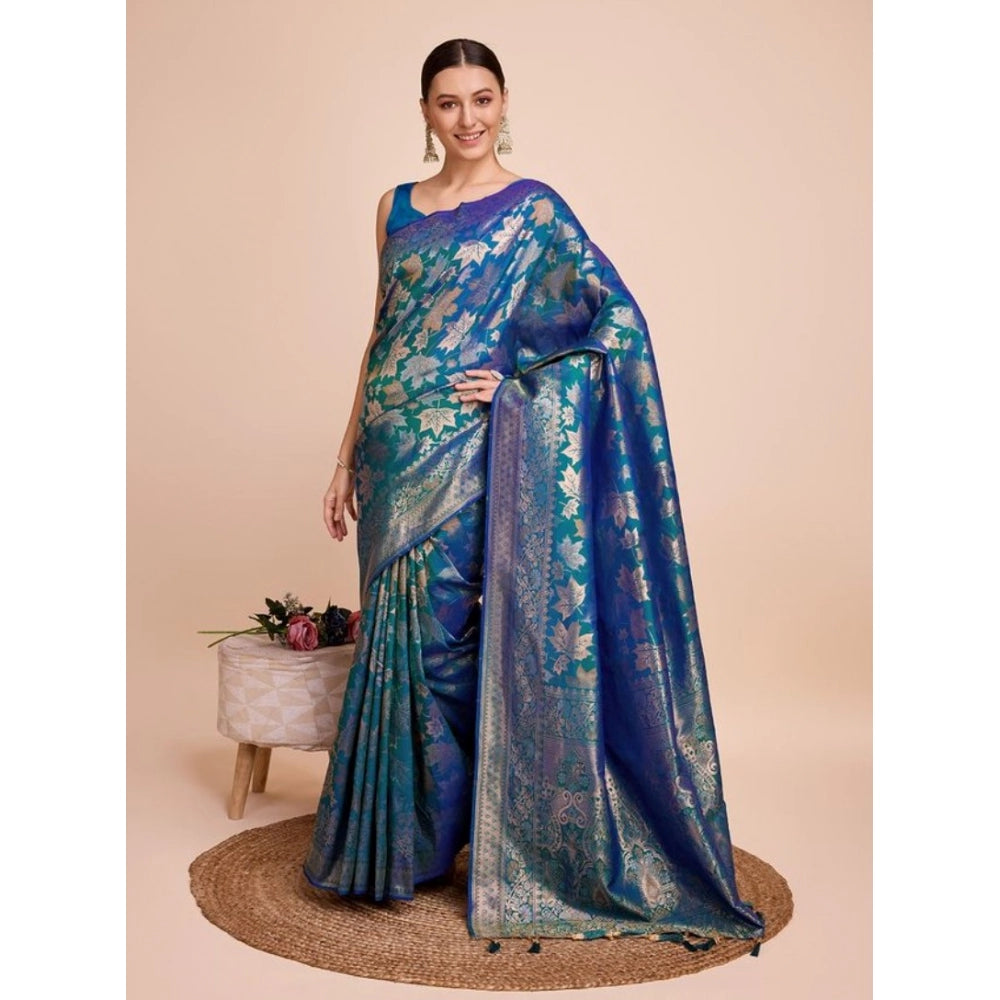 Snuggle Spot Women's Soft Silk Jacquard Saree With Unstitched Blouse 5.5Mtr (Blue)