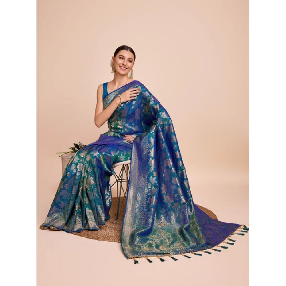Snuggle Spot Women's Soft Silk Jacquard Saree With Unstitched Blouse 5.5Mtr (Blue)