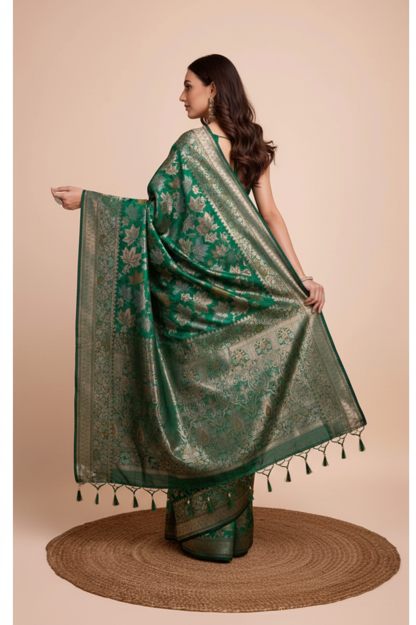 Snuggle Spot Women's Soft Silk Jacquard Saree With Unstitched Blouse 5.5Mtr (Green)