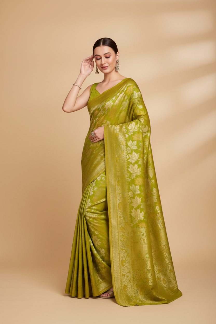 Snuggle Spot Women's Soft Silk Jacquard Saree With Unstitched Blouse 5.5Mtr (Lime-Green)