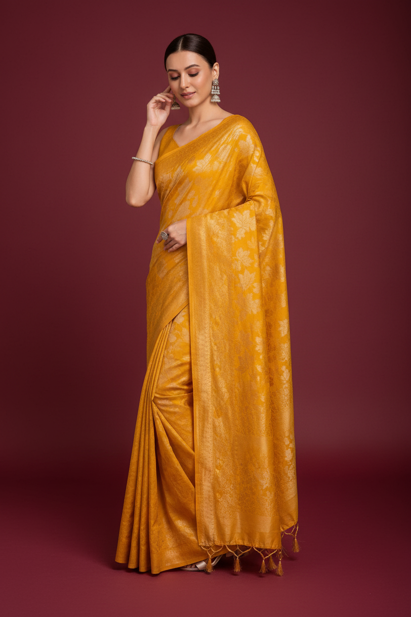 Snuggle Spot Women's Soft Silk Jacquard Saree With Unstitched Blouse 5.5Mtr (Mustard)