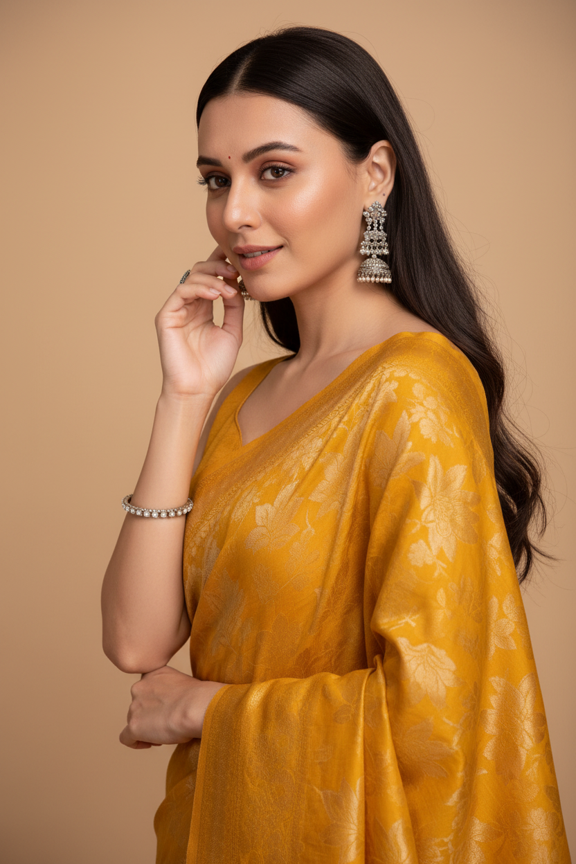 Snuggle Spot Women's Soft Silk Jacquard Saree With Unstitched Blouse 5.5Mtr (Mustard)