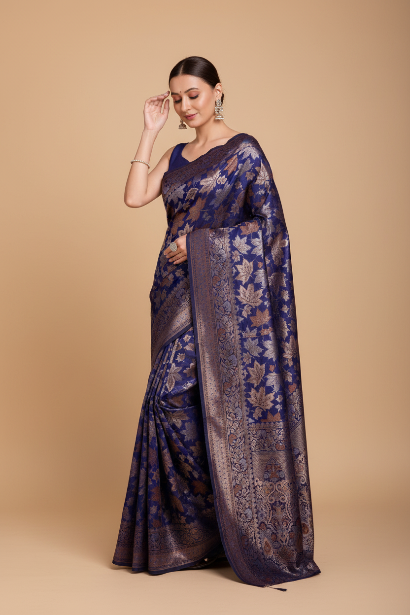Snuggle Spot Women's Soft Silk Jacquard Saree With Unstitched Blouse 5.5Mtr (Navy-Blue)