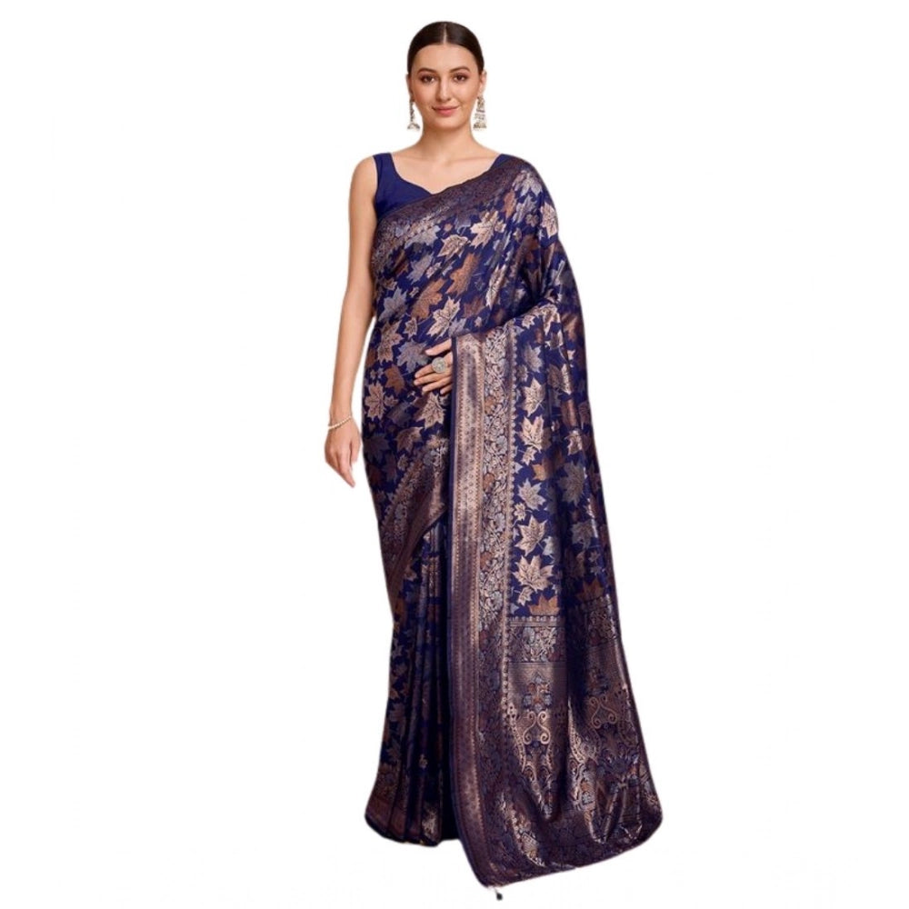 Snuggle Spot Women's Soft Silk Jacquard Saree With Unstitched Blouse 5.5Mtr (Navy-Blue)
