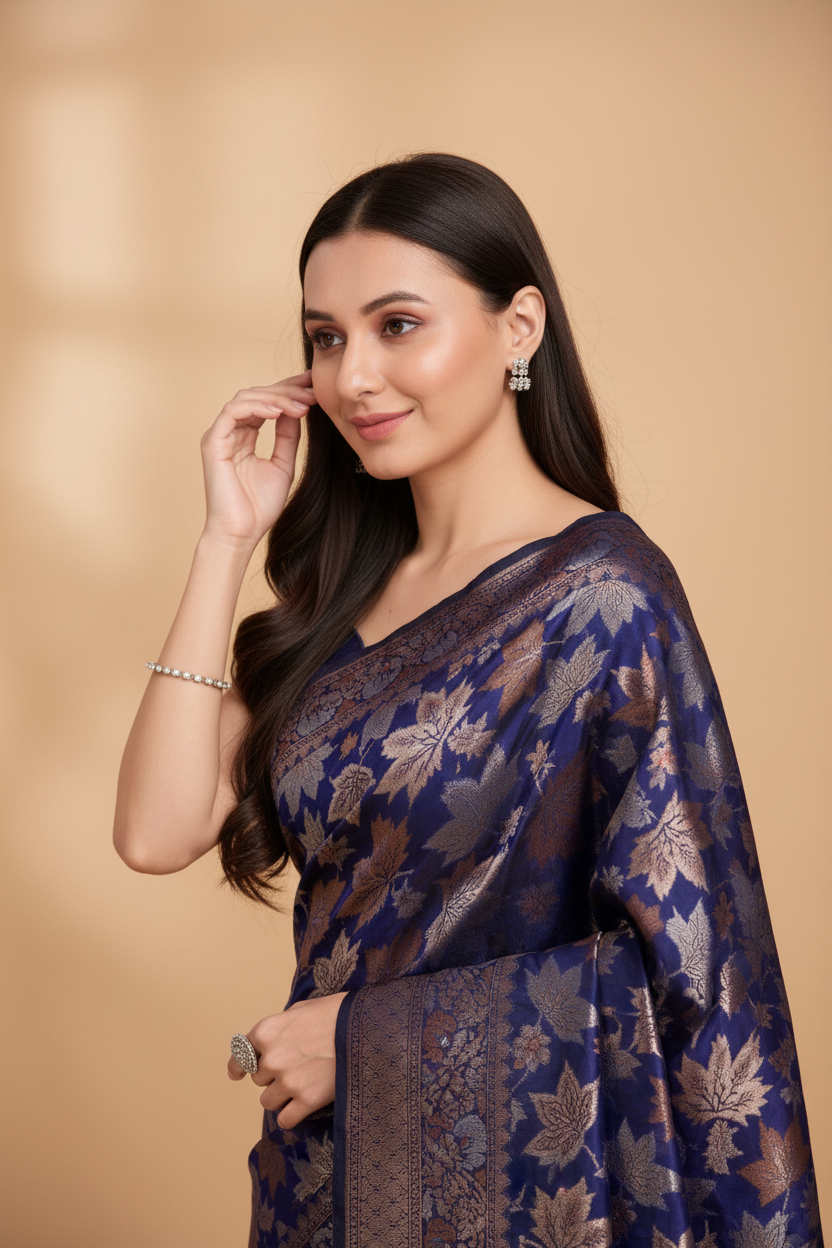 Snuggle Spot Women's Soft Silk Jacquard Saree With Unstitched Blouse 5.5Mtr (Navy-Blue)