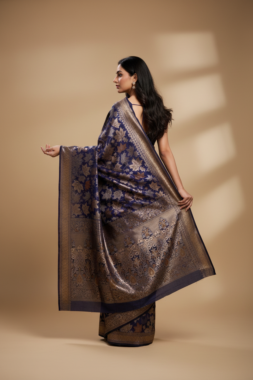 Snuggle Spot Women's Soft Silk Jacquard Saree With Unstitched Blouse 5.5Mtr (Navy-Blue)