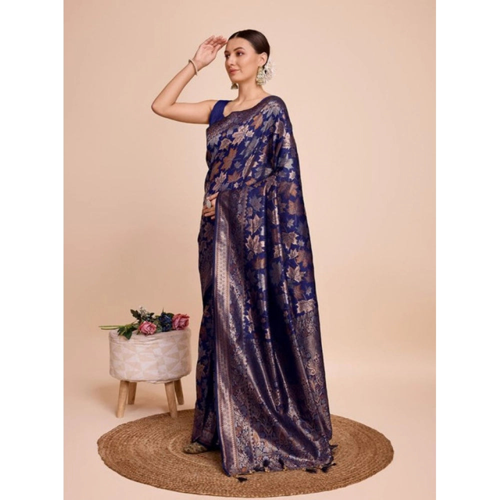 Snuggle Spot Women's Soft Silk Jacquard Saree With Unstitched Blouse 5.5Mtr (Navy-Blue)