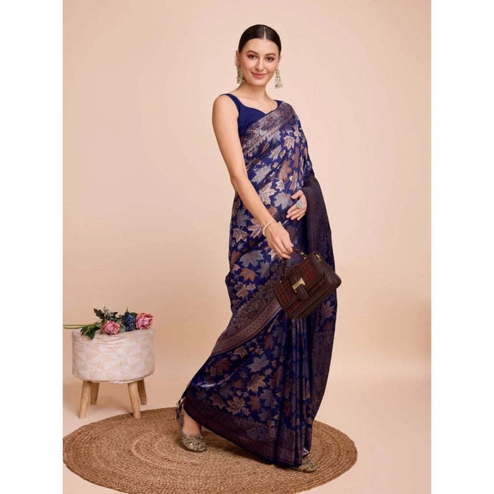 Snuggle Spot Women's Soft Silk Jacquard Saree With Unstitched Blouse 5.5Mtr (Navy-Blue)