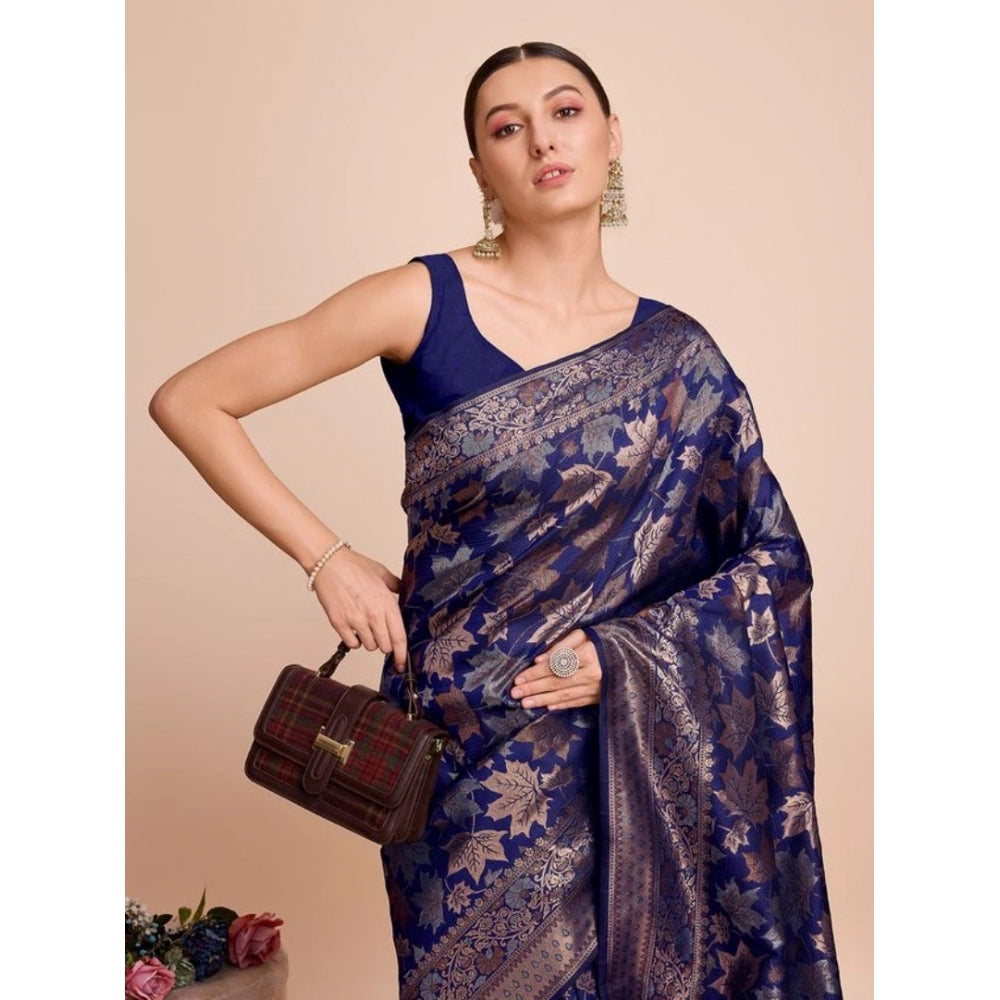 Snuggle Spot Women's Soft Silk Jacquard Saree With Unstitched Blouse 5.5Mtr (Navy-Blue)