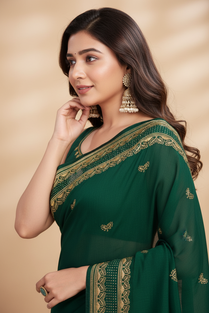Snuggle Spot Women's Vichitra Silk Embroidery Work Saree With Unstitched Blouse 5.5Mtr (Green)