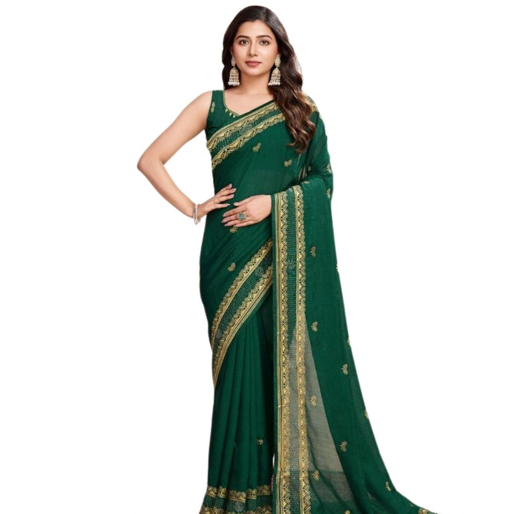 Snuggle Spot Women's Vichitra Silk Embroidery Work Saree With Unstitched Blouse 5.5Mtr (Green)