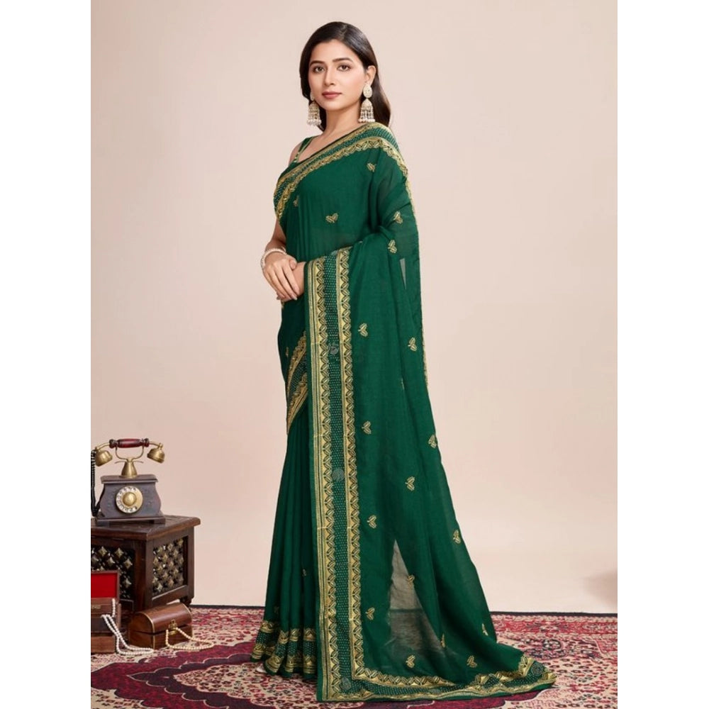 Snuggle Spot Women's Vichitra Silk Embroidery Work Saree With Unstitched Blouse 5.5Mtr (Green)