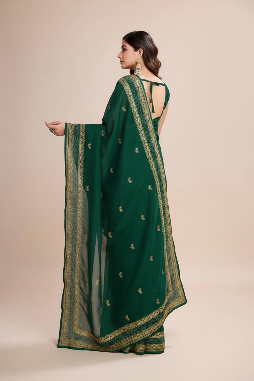 Snuggle Spot Women's Vichitra Silk Embroidery Work Saree With Unstitched Blouse 5.5Mtr (Green)