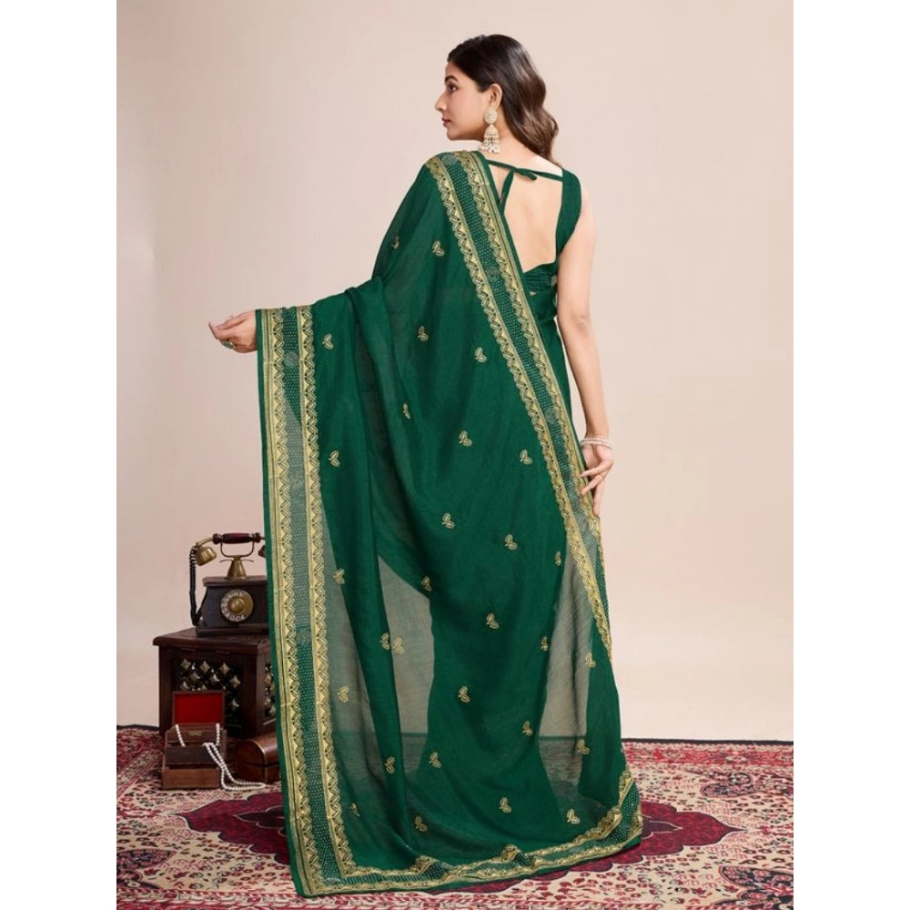 Snuggle Spot Women's Vichitra Silk Embroidery Work Saree With Unstitched Blouse 5.5Mtr (Green)