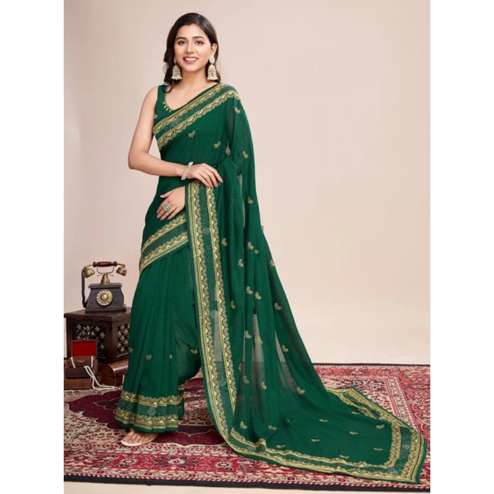 Snuggle Spot Women's Vichitra Silk Embroidery Work Saree With Unstitched Blouse 5.5Mtr (Green)