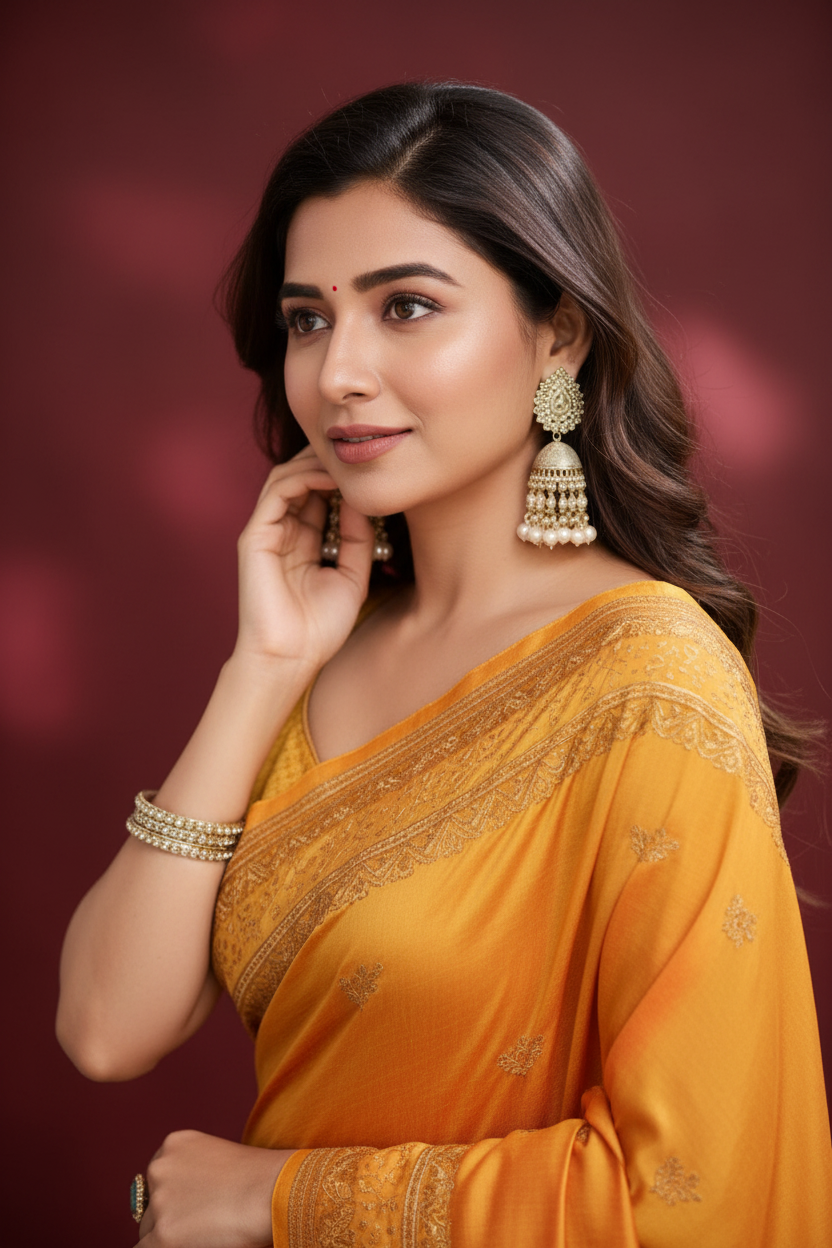 Snuggle Spot Women's Vichitra Silk Embroidery Work Saree With Unstitched Blouse 5.5Mtr (Mustard)