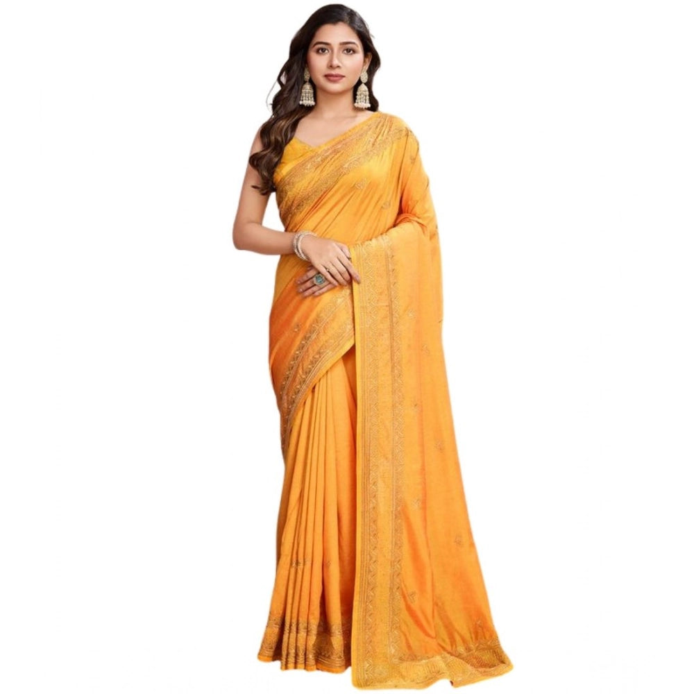 Snuggle Spot Women's Vichitra Silk Embroidery Work Saree With Unstitched Blouse 5.5Mtr (Mustard)
