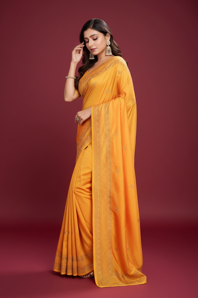 Snuggle Spot Women's Vichitra Silk Embroidery Work Saree With Unstitched Blouse 5.5Mtr (Mustard)