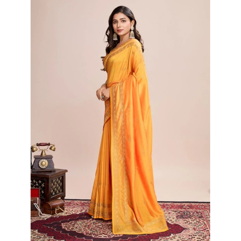 Snuggle Spot Women's Vichitra Silk Embroidery Work Saree With Unstitched Blouse 5.5Mtr (Mustard)