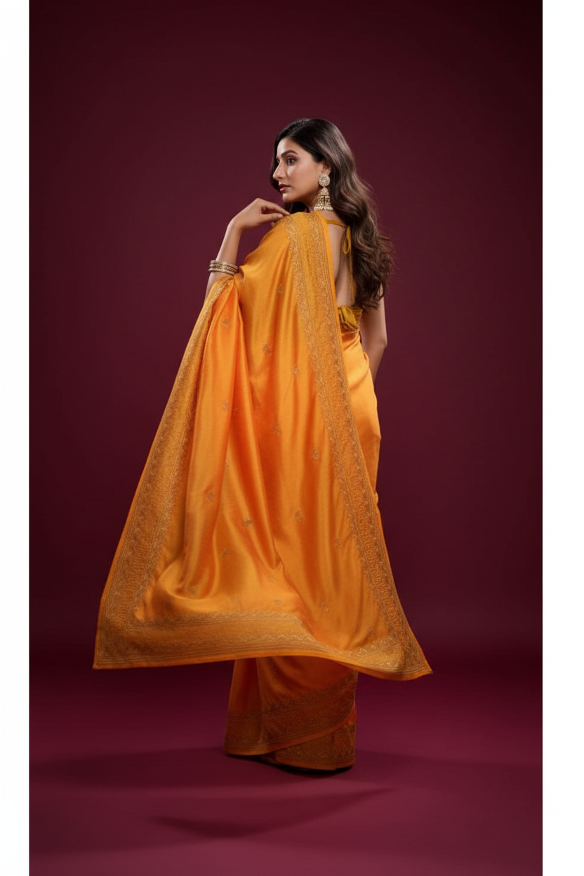 Snuggle Spot Women's Vichitra Silk Embroidery Work Saree With Unstitched Blouse 5.5Mtr (Mustard)
