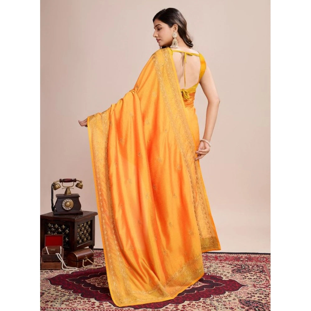 Snuggle Spot Women's Vichitra Silk Embroidery Work Saree With Unstitched Blouse 5.5Mtr (Mustard)