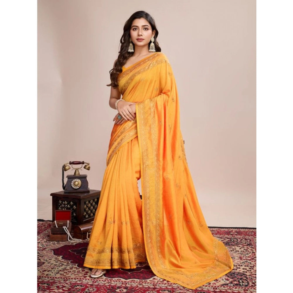 Snuggle Spot Women's Vichitra Silk Embroidery Work Saree With Unstitched Blouse 5.5Mtr (Mustard)