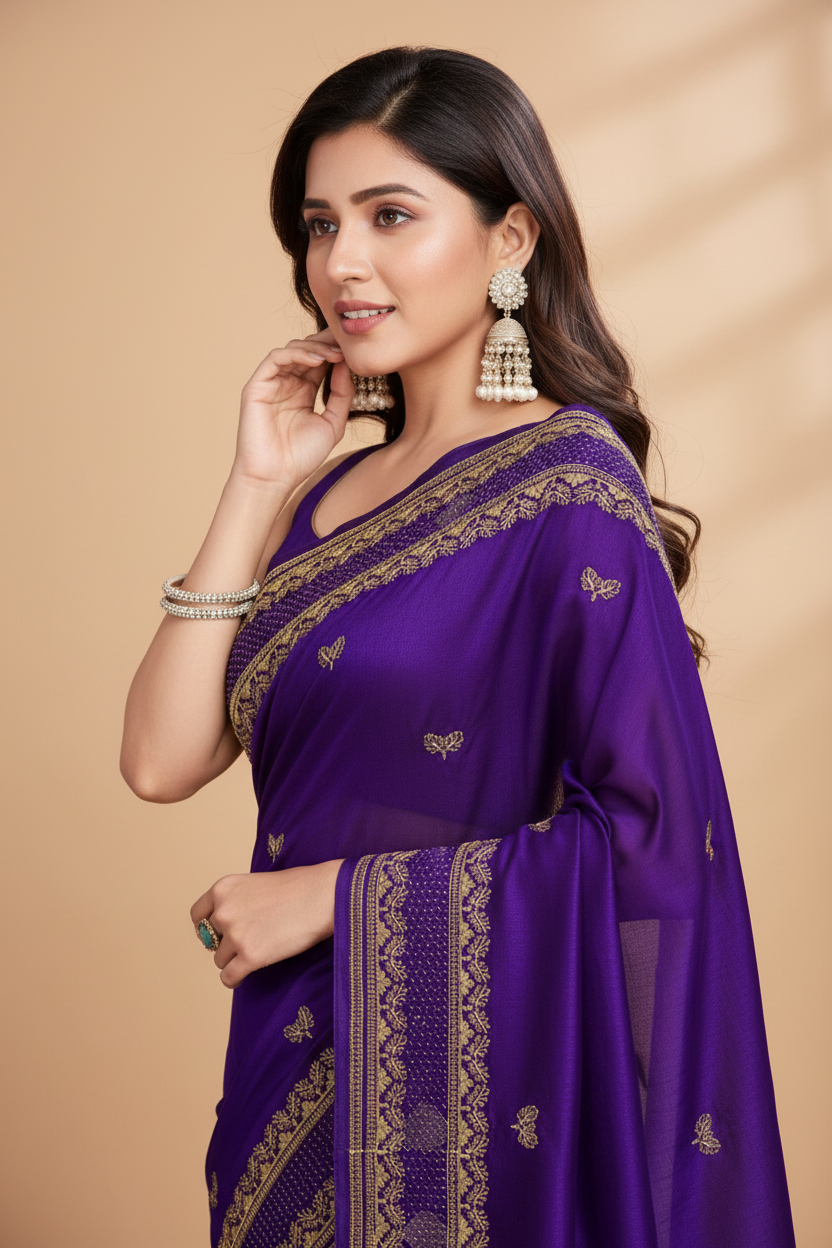 Snuggle Spot Women's Vichitra Silk Embroidery Work Saree With Unstitched Blouse 5.5Mtr (Purple)