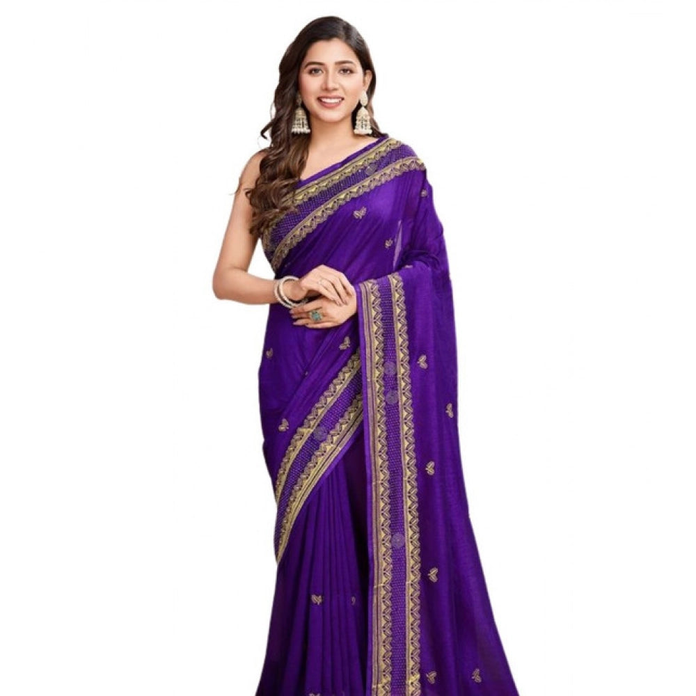 Snuggle Spot Women's Vichitra Silk Embroidery Work Saree With Unstitched Blouse 5.5Mtr (Purple)