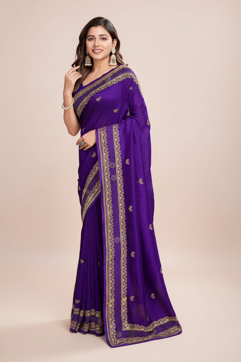 Snuggle Spot Women's Vichitra Silk Embroidery Work Saree With Unstitched Blouse 5.5Mtr (Purple)