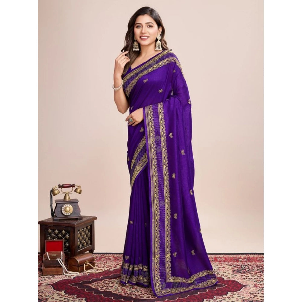 Snuggle Spot Women's Vichitra Silk Embroidery Work Saree With Unstitched Blouse 5.5Mtr (Purple)