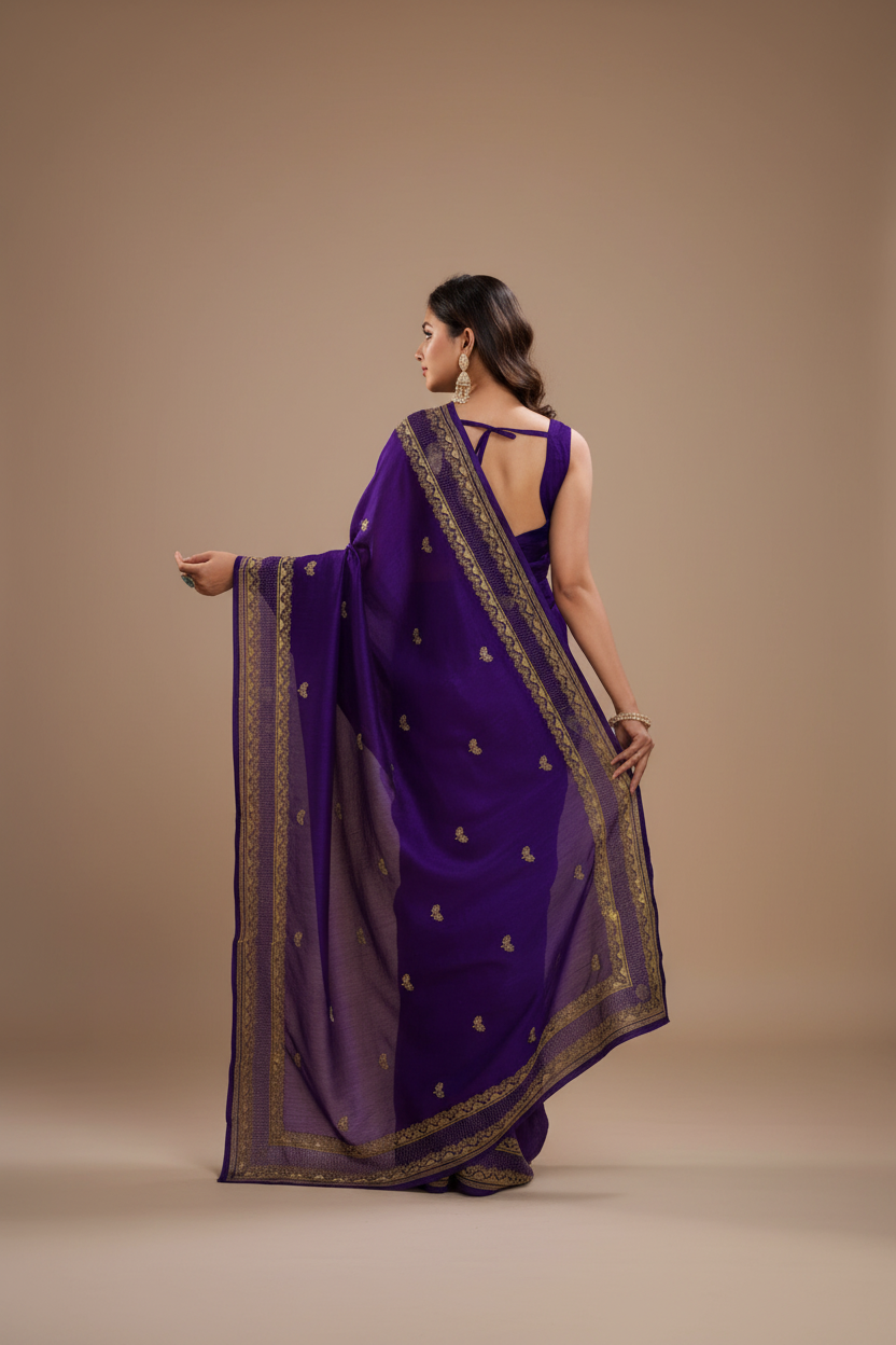 Snuggle Spot Women's Vichitra Silk Embroidery Work Saree With Unstitched Blouse 5.5Mtr (Purple)