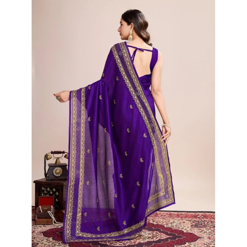 Snuggle Spot Women's Vichitra Silk Embroidery Work Saree With Unstitched Blouse 5.5Mtr (Purple)