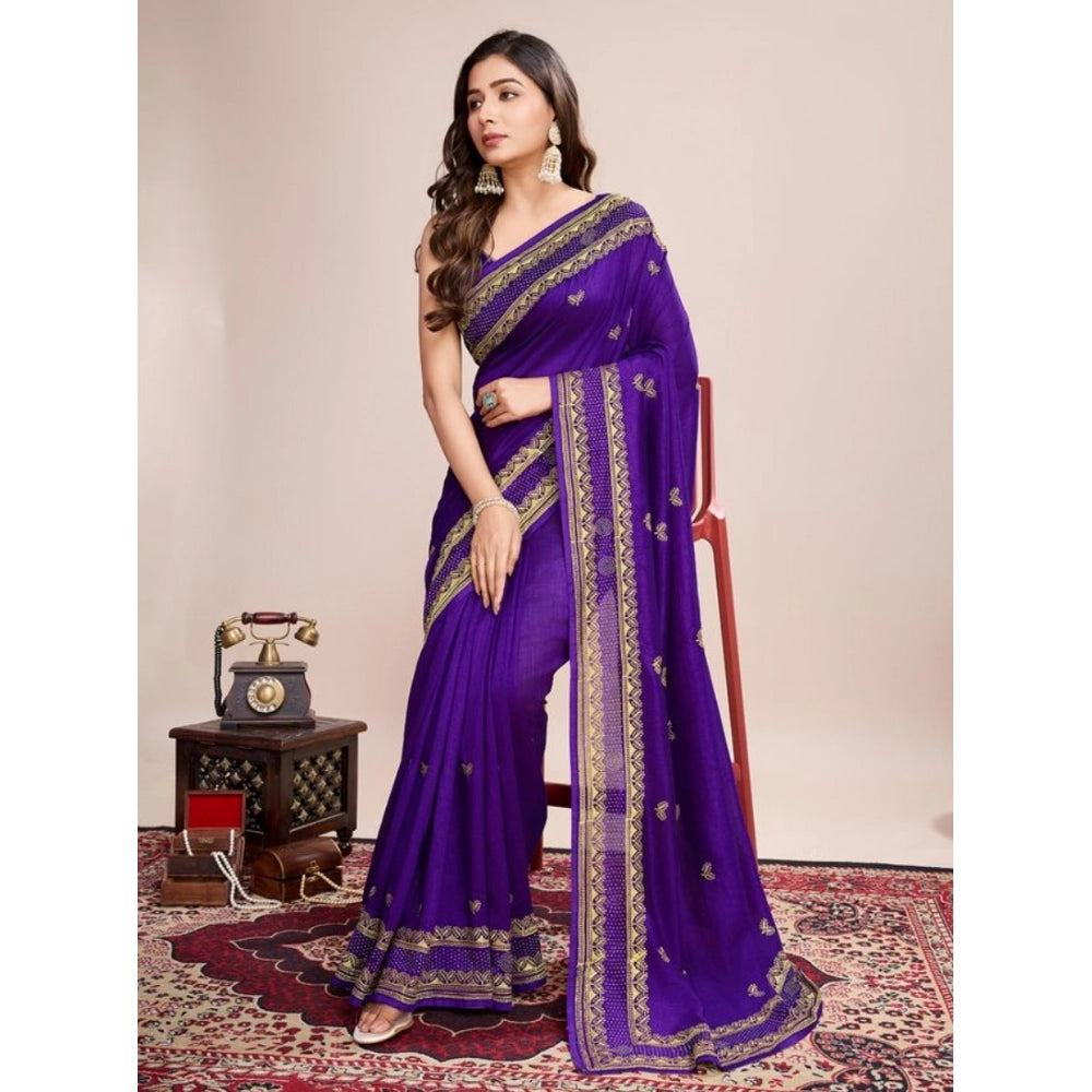 Snuggle Spot Women's Vichitra Silk Embroidery Work Saree With Unstitched Blouse 5.5Mtr (Purple)