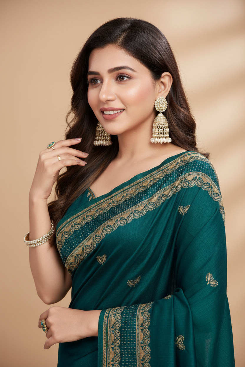 Snuggle Spot Women's Vichitra Silk Embroidery Work Saree With Unstitched Blouse 5.5Mtr (Rama)