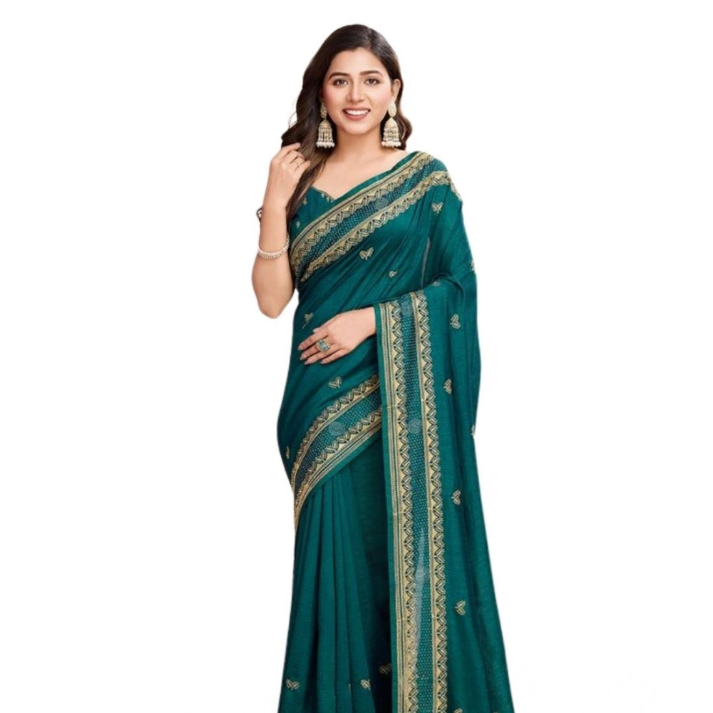 Snuggle Spot Women's Vichitra Silk Embroidery Work Saree With Unstitched Blouse 5.5Mtr (Rama)
