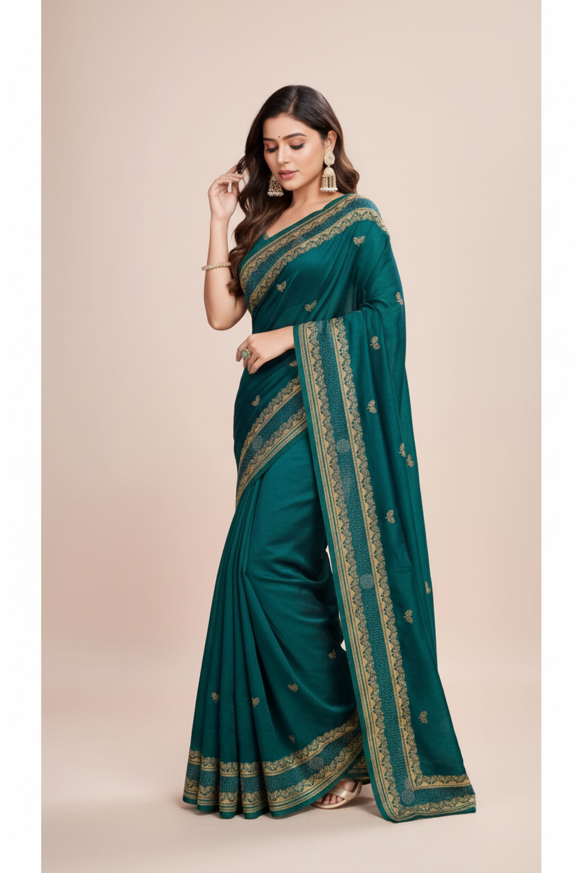 Snuggle Spot Women's Vichitra Silk Embroidery Work Saree With Unstitched Blouse 5.5Mtr (Rama)