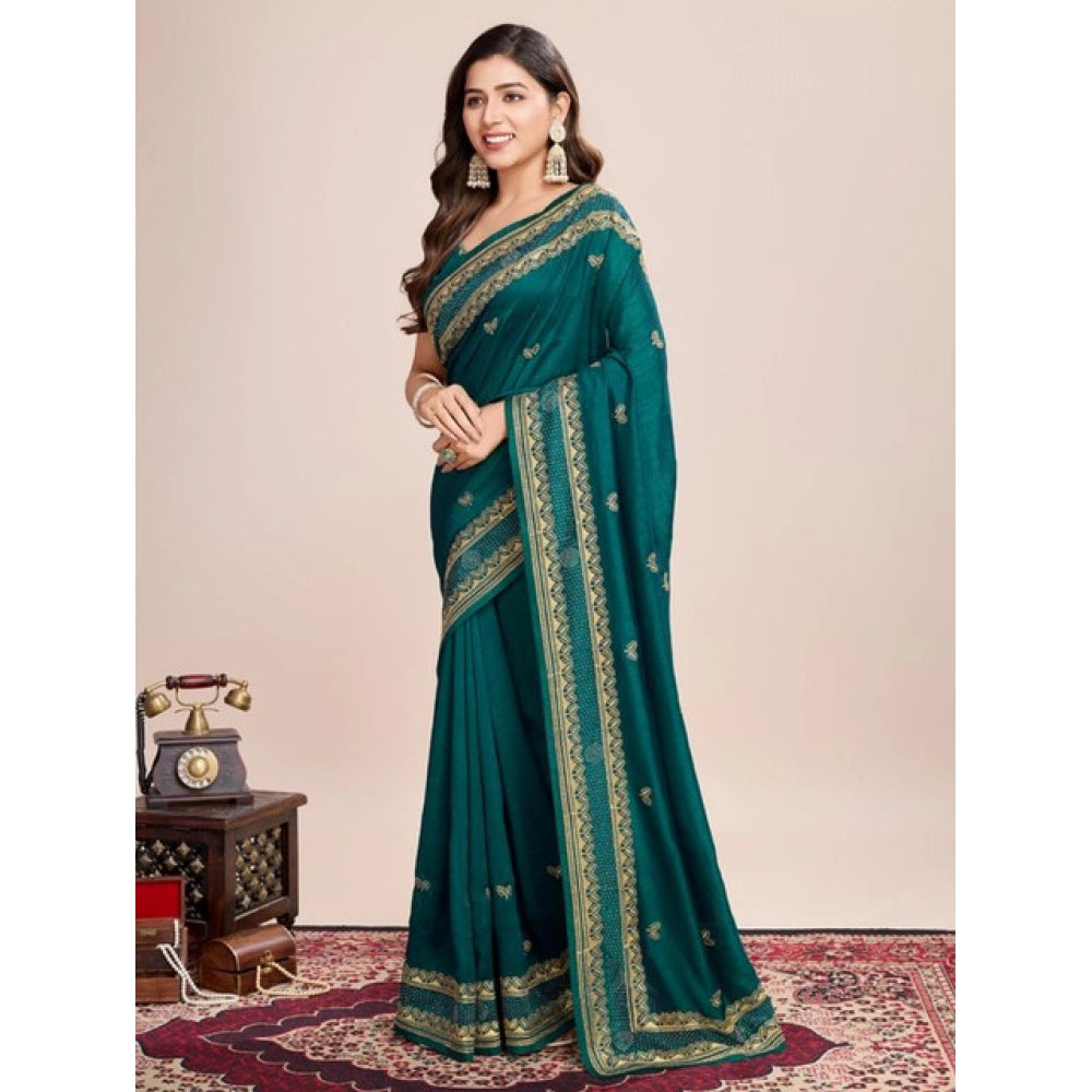 Snuggle Spot Women's Vichitra Silk Embroidery Work Saree With Unstitched Blouse 5.5Mtr (Rama)