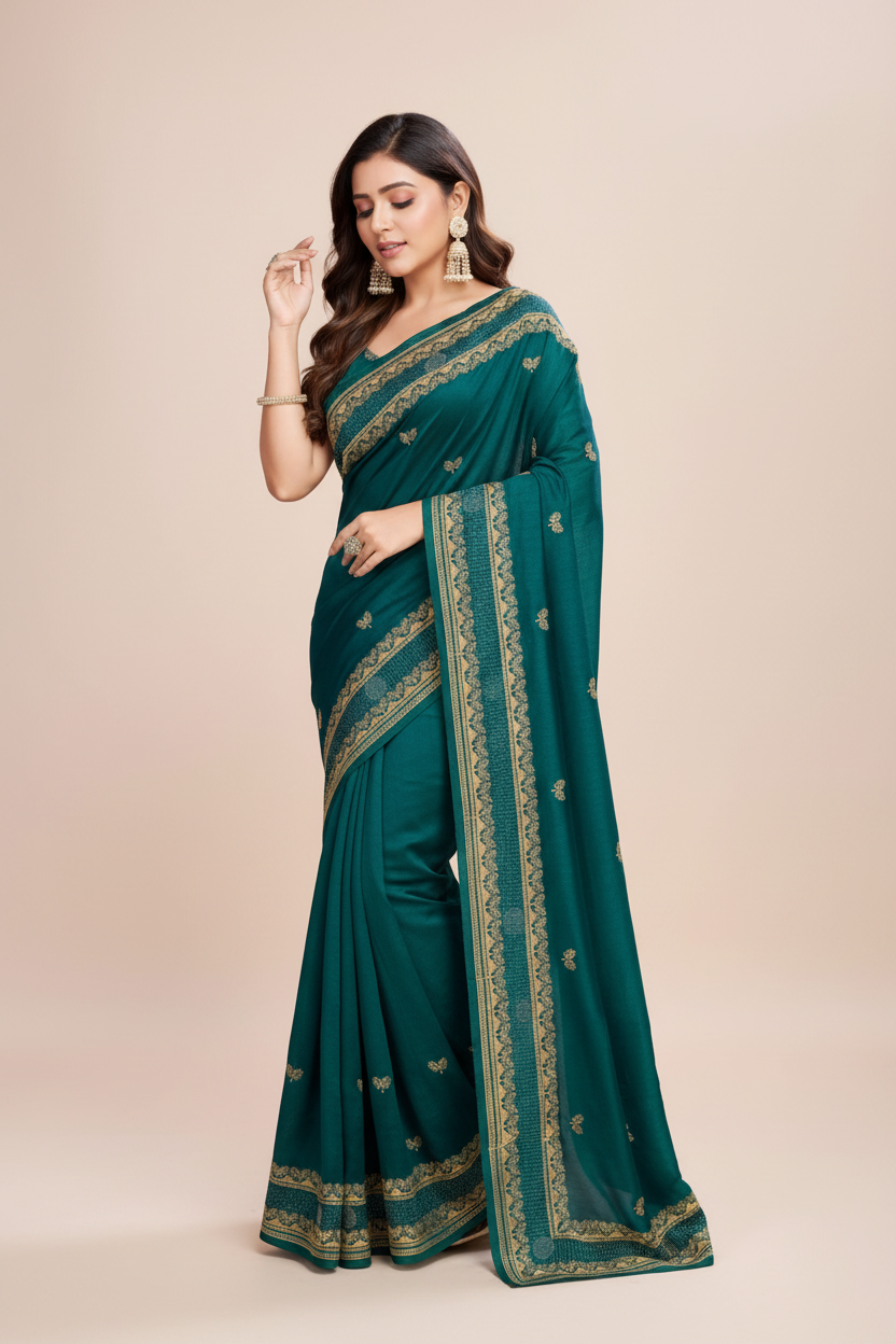 Snuggle Spot Women's Vichitra Silk Embroidery Work Saree With Unstitched Blouse 5.5Mtr (Rama)