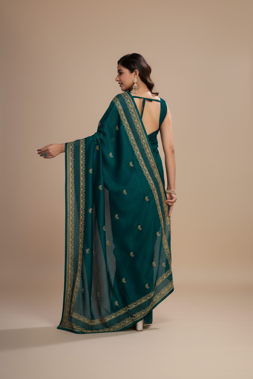 Snuggle Spot Women's Vichitra Silk Embroidery Work Saree With Unstitched Blouse 5.5Mtr (Rama)