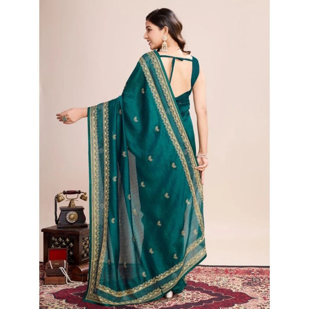 Snuggle Spot Women's Vichitra Silk Embroidery Work Saree With Unstitched Blouse 5.5Mtr (Rama)