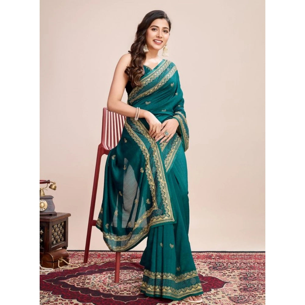 Snuggle Spot Women's Vichitra Silk Embroidery Work Saree With Unstitched Blouse 5.5Mtr (Rama)